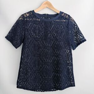 Banana Republic Navy Blue Lace Short Sleeve Blouse Top Floral Sheer, Small